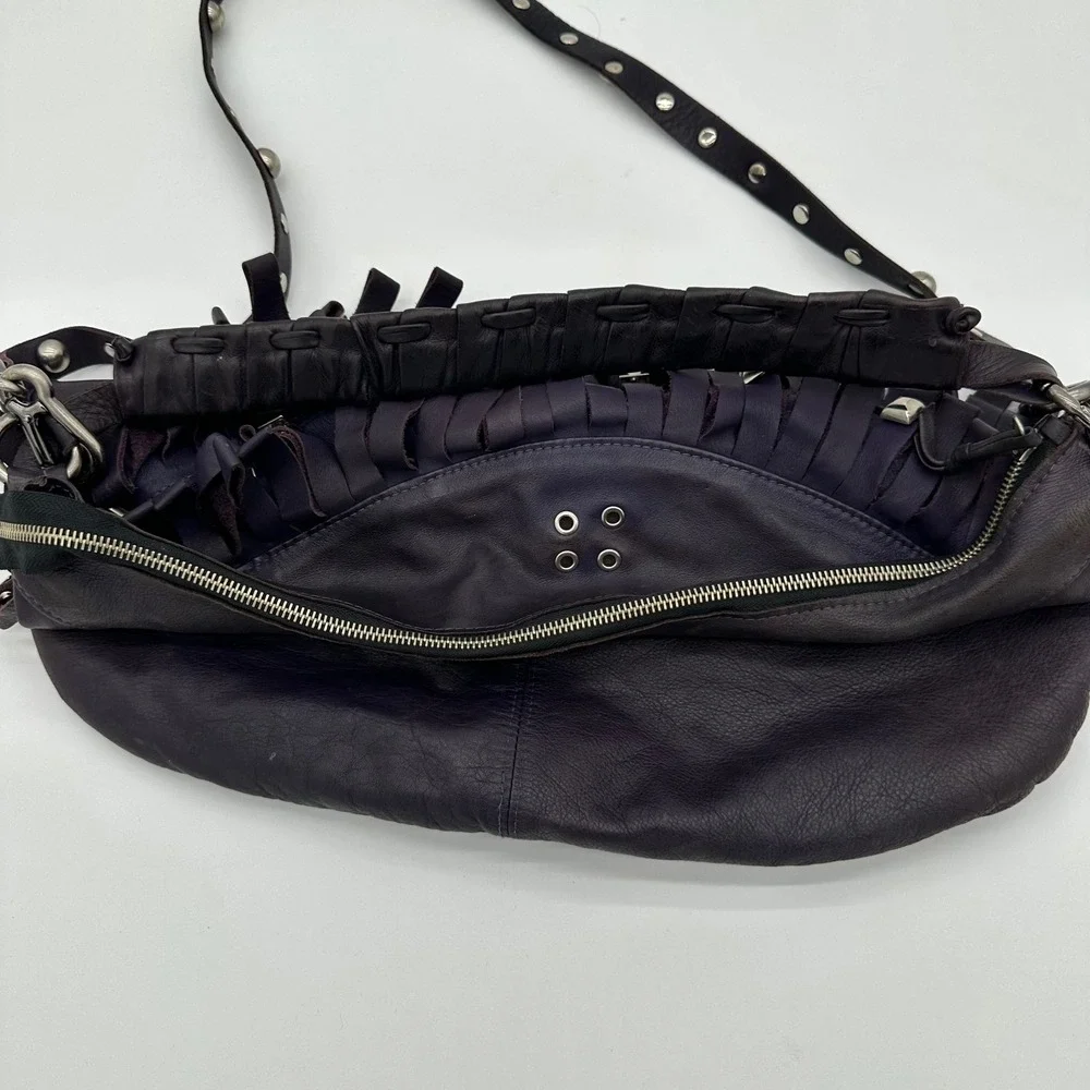 Carla Mancini Purple Leather Studded Fringe Hobo Shoulder Bag Silver‎ Hardware